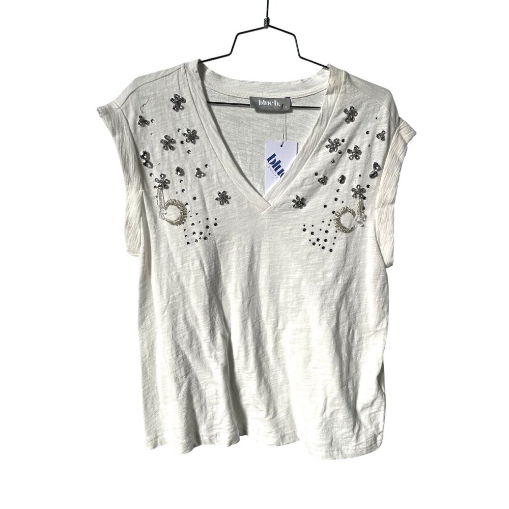 Blue B Top Size Small V Neck Floral Rhinestone Embellished Off White Cotton NEW